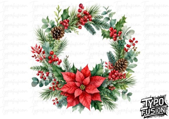 Botanical Poinsettia Wreath Clipart