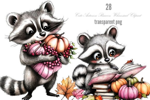Cute Autumn Raccoon Whimsical Clipart