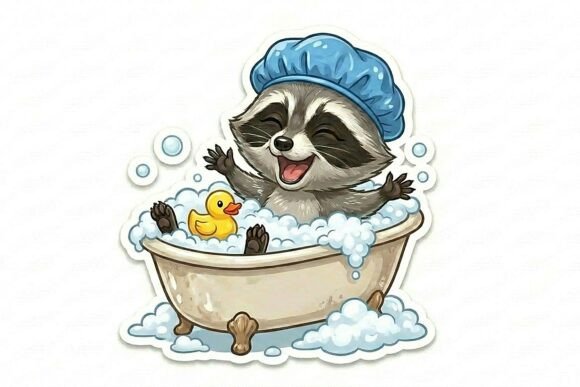 Raccoon Bath Time Sticker PNG
